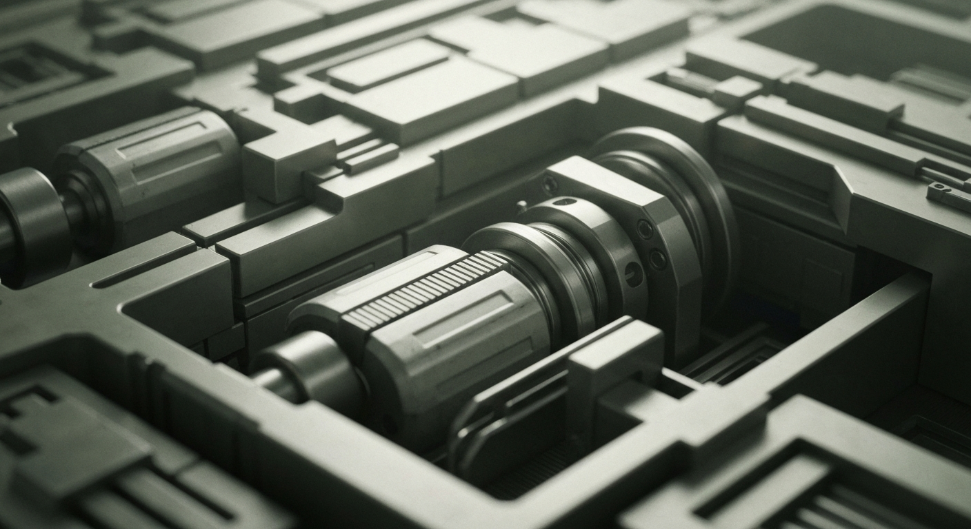 An extreme close-up of a tangle of metal pipes, valves, and other industrial components in muted greys and blues, conveying the complex, physical nature of LGN's engineering work.