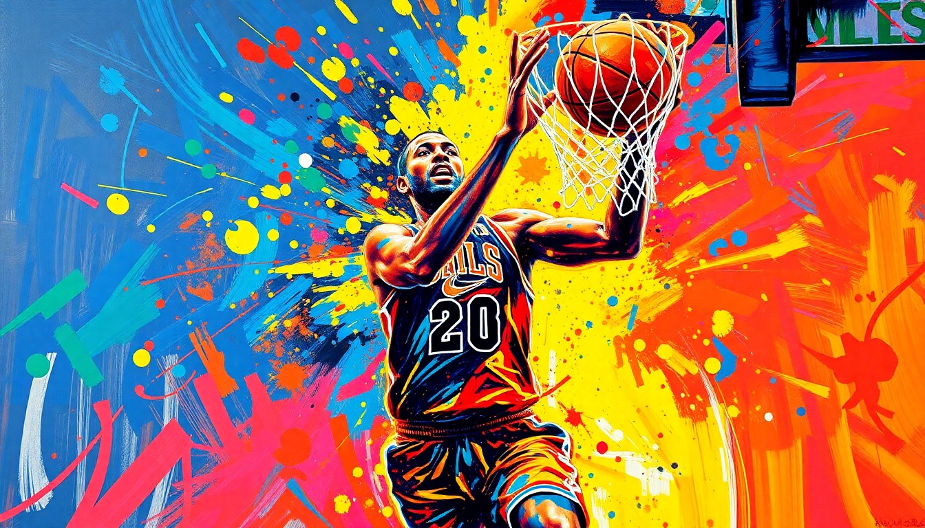 An abstract expressionist painting in neon colors depicting the blurred, energetic motion of a basketball player driving to the hoop, their features indistinct but the raw athleticism and movement vividly captured.