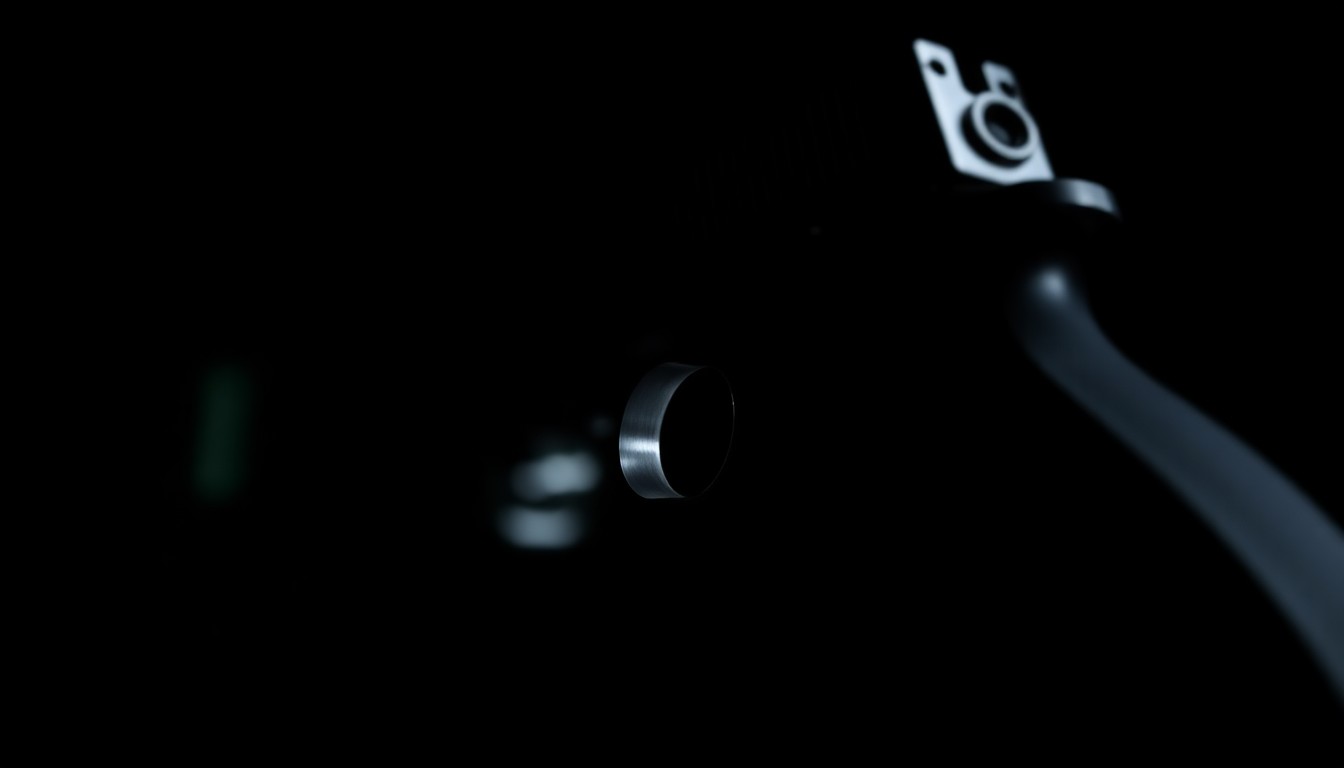 An extreme close-up photograph of a handgun trigger and grip against a pitch-black background, lit by a harsh, direct camera flash, conceptually representing the aggressive tactics used by federal immigration agents.