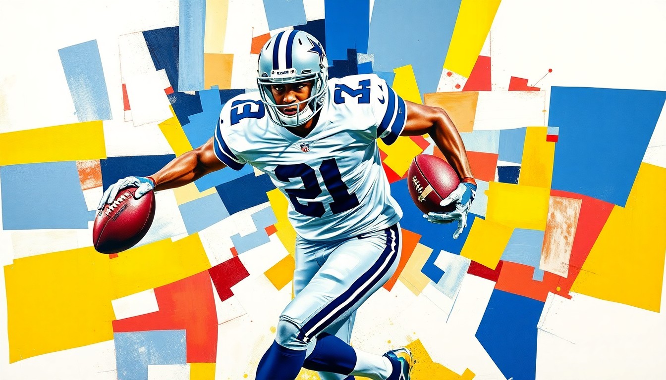 A cubist, geometric painting depicting a football player in mid-motion, with sharp, overlapping planes of blue, silver, and white representing the Dallas Cowboys' official team colors.