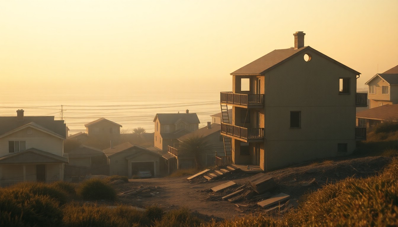 An extremely abstracted, out-of-focus photograph in soft pools of warm color and light, depicting the crumbling remains of a coastal neighborhood overlooking the Pacific Ocean.