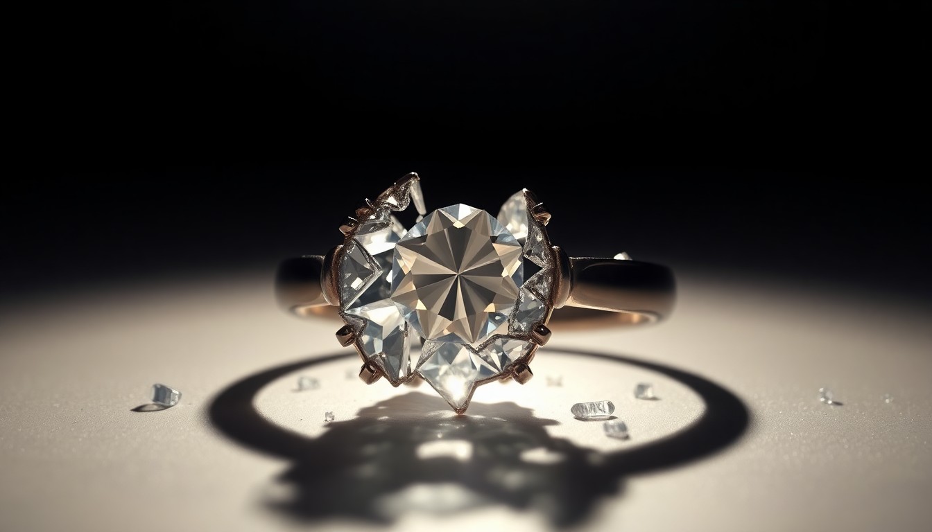 An extreme close-up photograph of a shattered diamond ring reflecting dramatic, high-contrast studio lighting, conceptually representing the breakdown of a celebrity relationship.