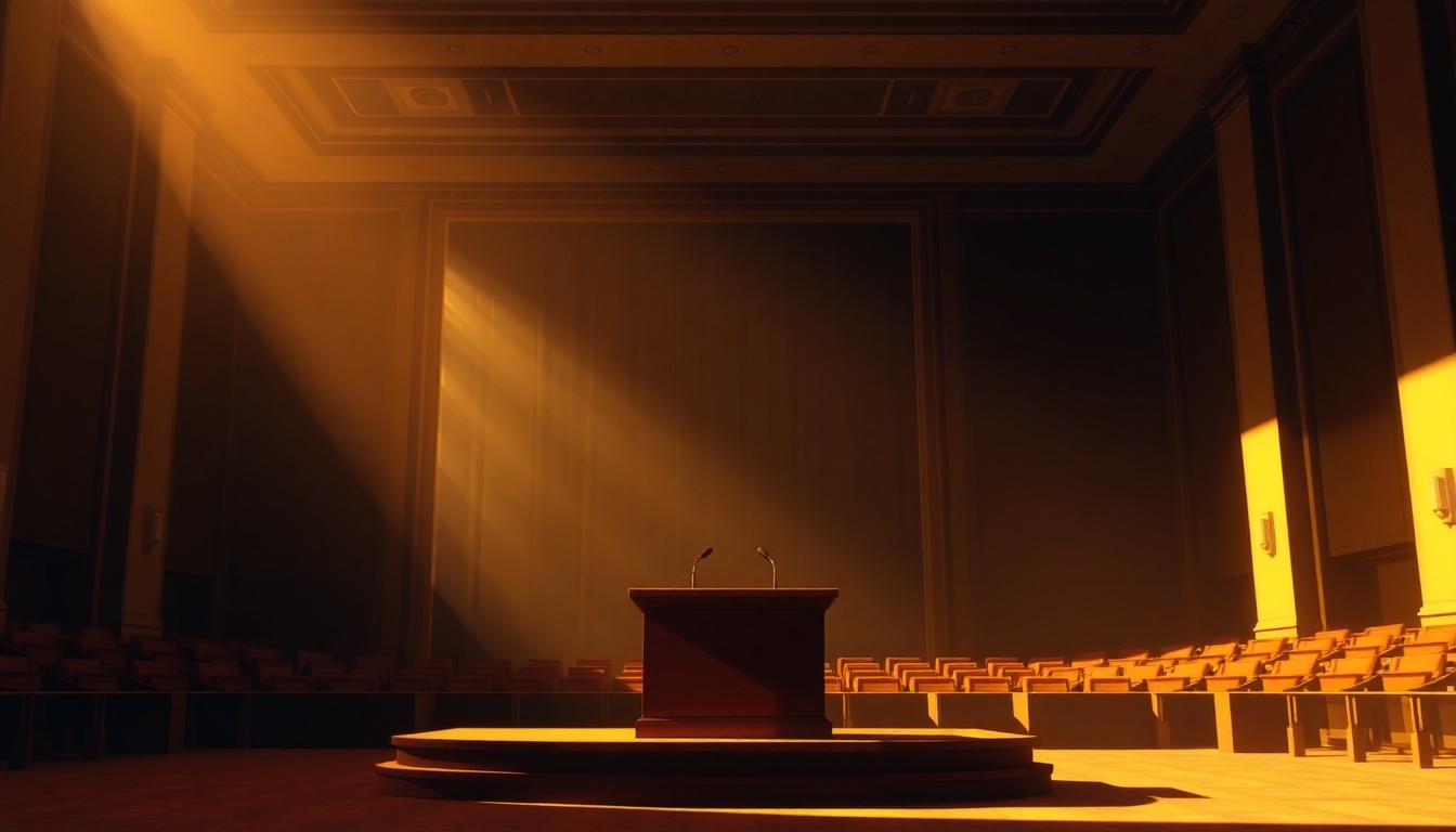 A serene, cinematic painting of an empty podium in a sunlit hall, with warm light and deep shadows, conveying a sense of contemplation and the weight of leadership.