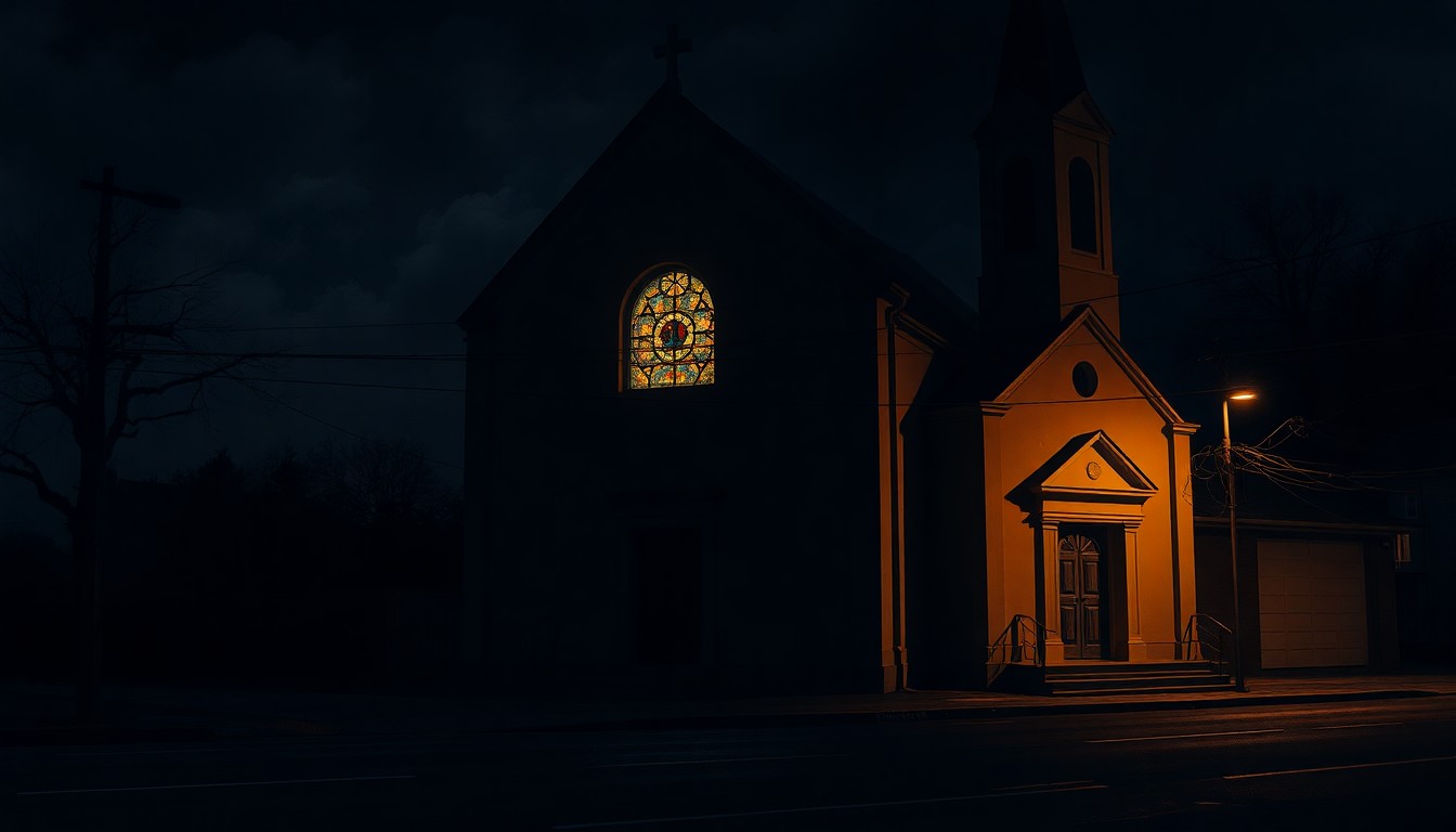 A dimly lit Catholic church at night, with a single stained glass window casting a warm glow onto the empty street outside, evoking a sense of quiet contemplation and the weight of moral authority in the face of political turmoil.