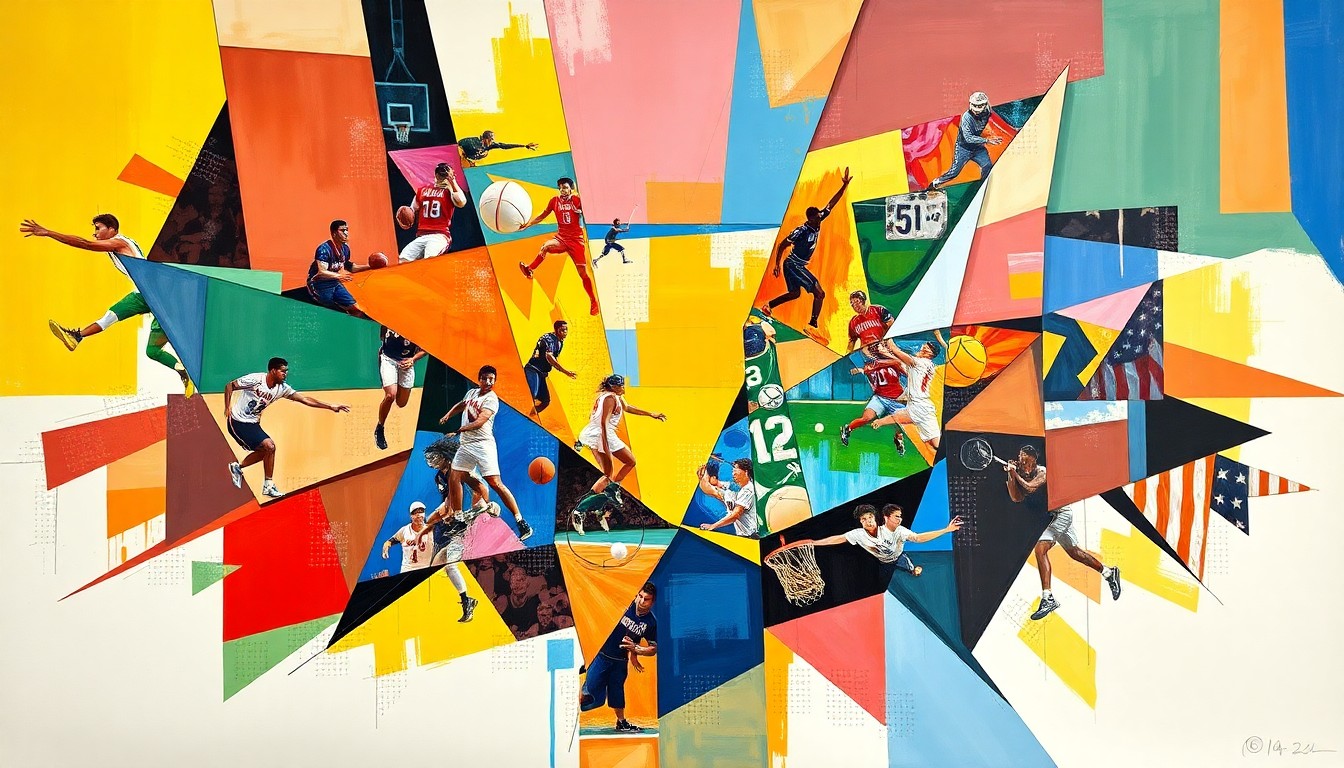 A fragmented, geometric painting featuring overlapping planes of color and shape representing various high school sports, capturing the dynamic spirit of National Signing Day.