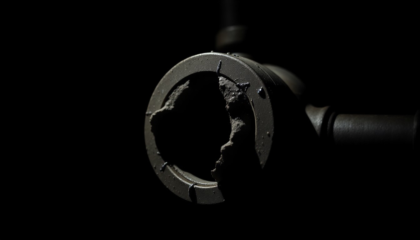 An extreme close-up photograph of a damaged gas meter or pipe fitting, capturing the stark, gritty aftermath of a hit-and-run crash that caused a gas leak in a residential area.