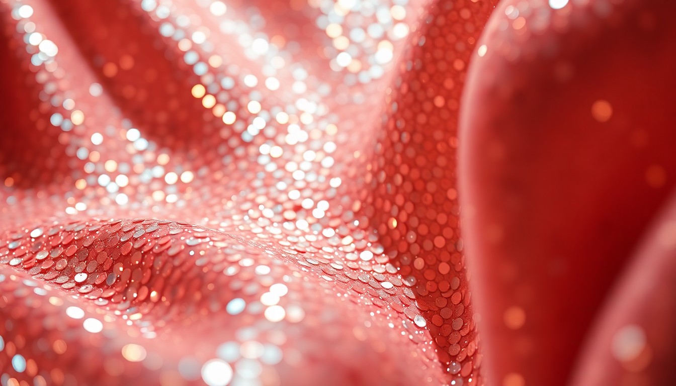 An extreme close-up of shimmering, glittering textures in a high-contrast, high-fashion studio lighting setup, conceptually representing the glamour and energy of Las Vegas' entertainment scene.