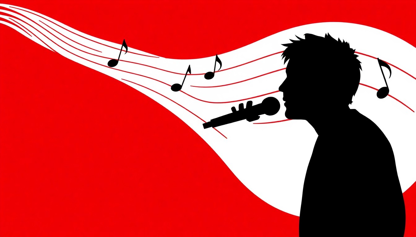 A minimalist, graphic illustration using bold black silhouette shapes to represent a singer and musical notes against a high-contrast red and white background, conceptually depicting a benefit concert for the local arts.