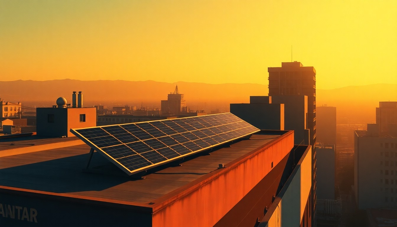A serene, painterly image of a rooftop solar array in downtown Los Angeles, with warm sunlight and deep shadows creating a contemplative, cinematic mood.