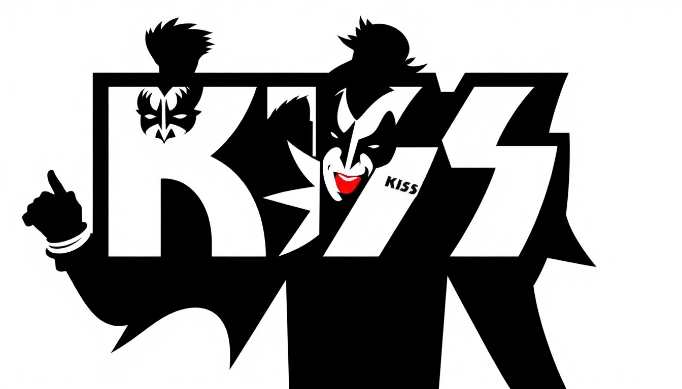 A minimalist, abstract illustration featuring sharp, angular black silhouettes of the KISS band members' iconic makeup and costumes, set against a high-contrast background of solid red and white geometric shapes, capturing the band's dramatic visual style.