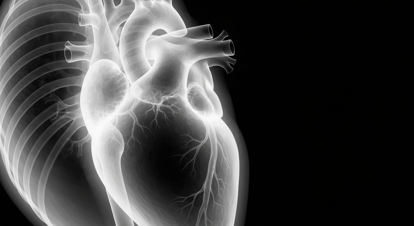 A ghostly, translucent X-ray photograph revealing the internal structure of a human heart, glowing with a soft, pulsing light against a dark background, conceptually representing the emotional and psychological aspects of grief and loss.