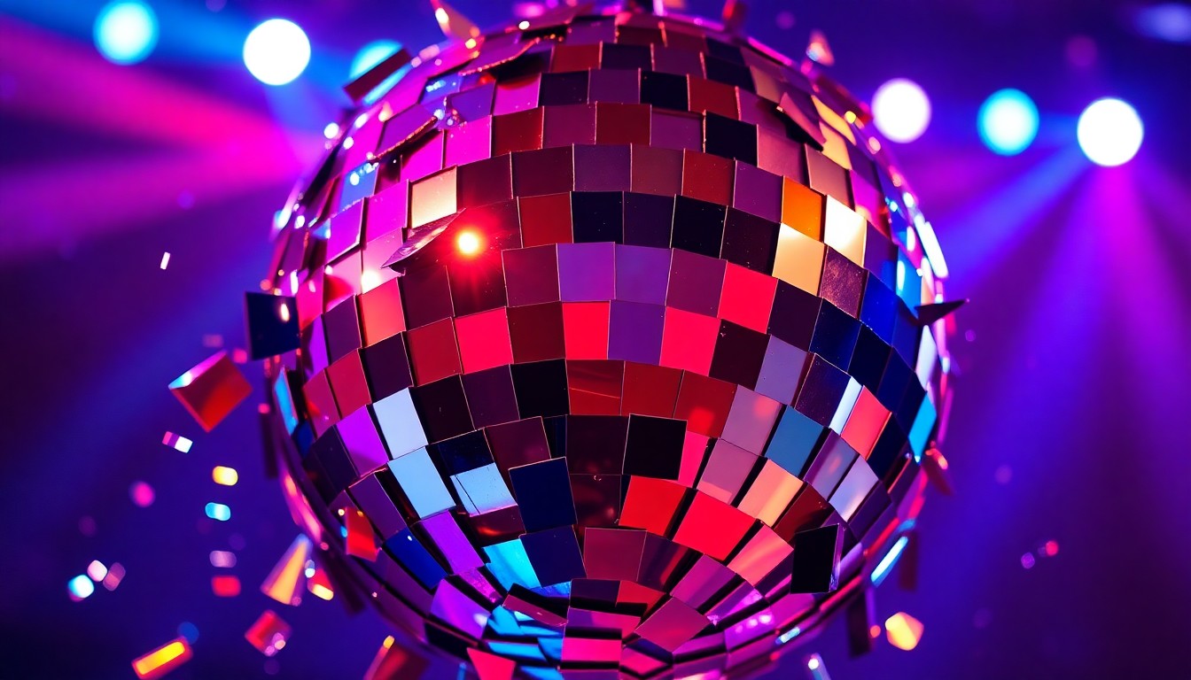 An extreme close-up photograph of a shattered disco ball, the jagged shards of mirrored glass reflecting a kaleidoscope of vibrant stage lights, conceptually representing the energy and experimentation of Rush's formative years.