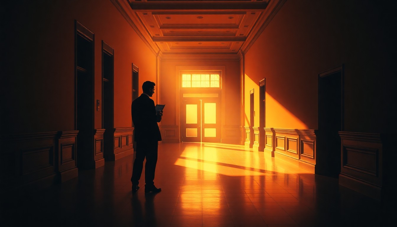 A cinematic painting of a solitary journalist standing in an empty government building hallway, the scene bathed in warm, diagonal sunlight and deep shadows, conceptually illustrating the strained relationship between the media and political power.