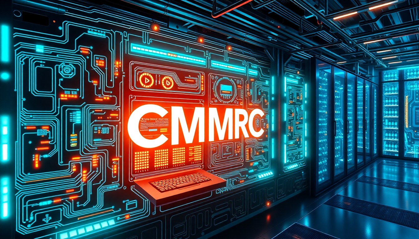 A highly detailed, glowing 3D illustration of a futuristic cybersecurity control panel or data center infrastructure, featuring intricate circuits, pulsing neon lights, and a sense of technological complexity, conceptually representing the advanced, high-tech nature of the CMMC program and the partnership between RAMPxchange and The Cyber AB.