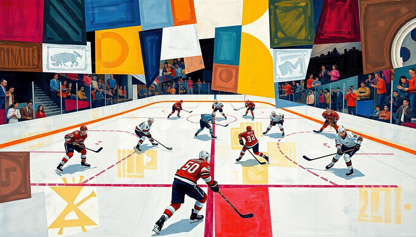 A fragmented, geometric painting depicting the movement and energy of a hockey game, with sharp planes of color representing the players, puck, and ice surface.