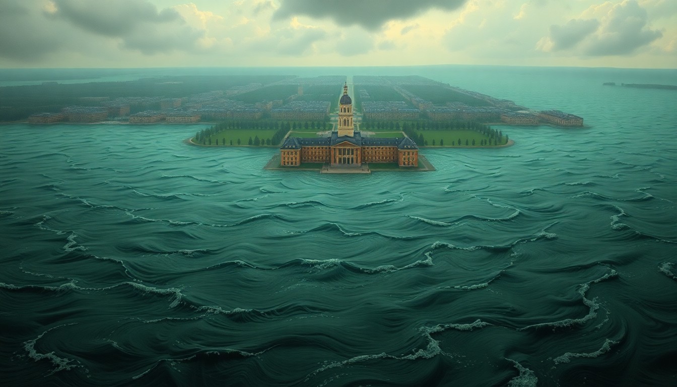A sweeping, atmospheric landscape painting depicting a flooded university campus, with only the tops of buildings visible above a vast, turbulent sea of churning floodwaters, conveying the overwhelming power of nature.