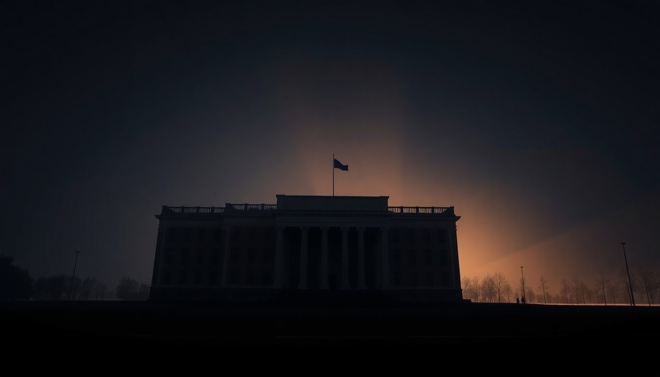 A cinematic painting of a nondescript government building in Belarus, with warm sunlight streaming in through the windows and deep shadows enveloping the structure, conveying a sense of political isolation and oppression.