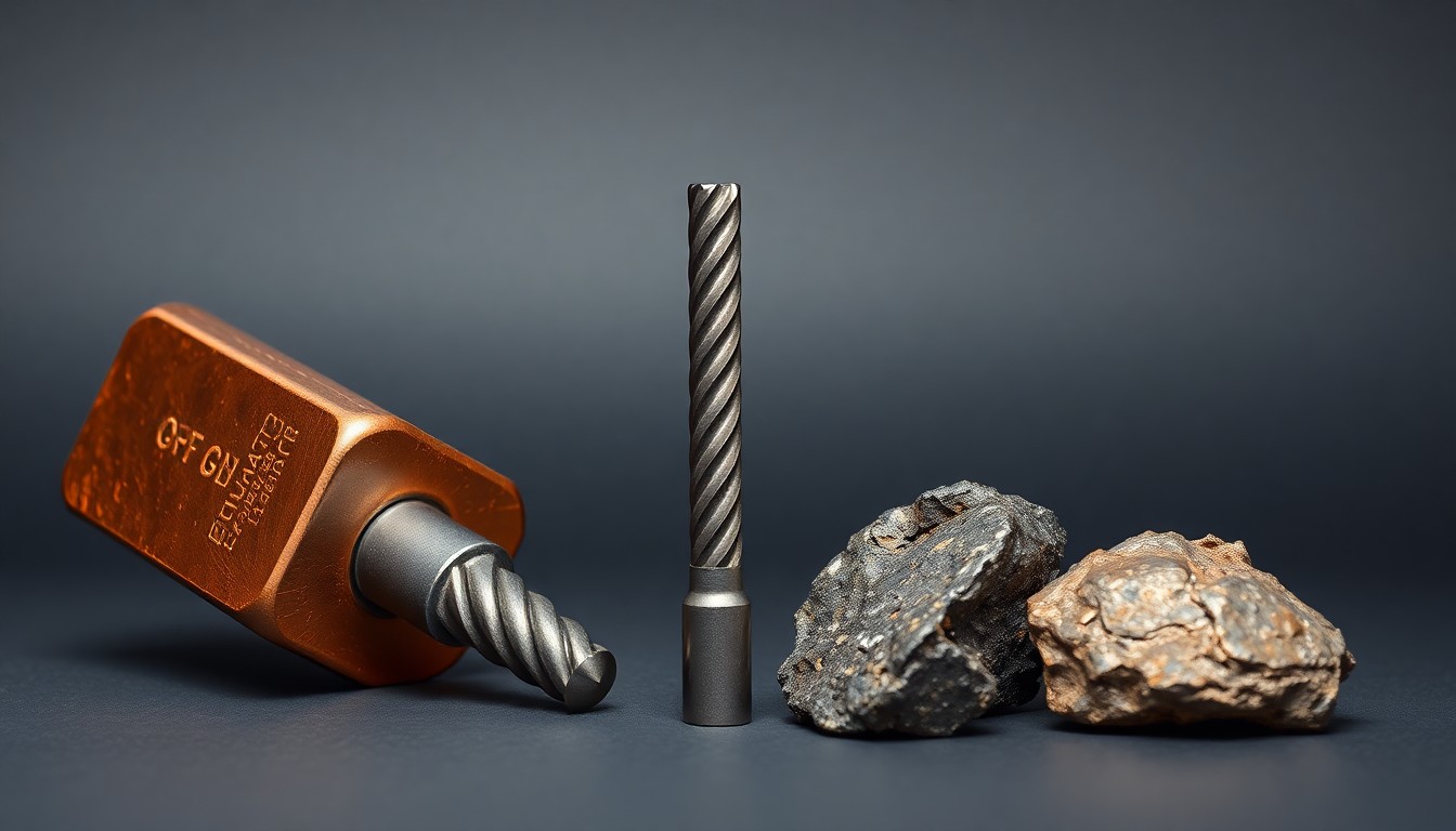 A photorealistic studio still life featuring a polished copper ingot, a tungsten carbide drill bit, and a tin ore sample, conceptually representing the company's strategic mineral resources and mining operations.