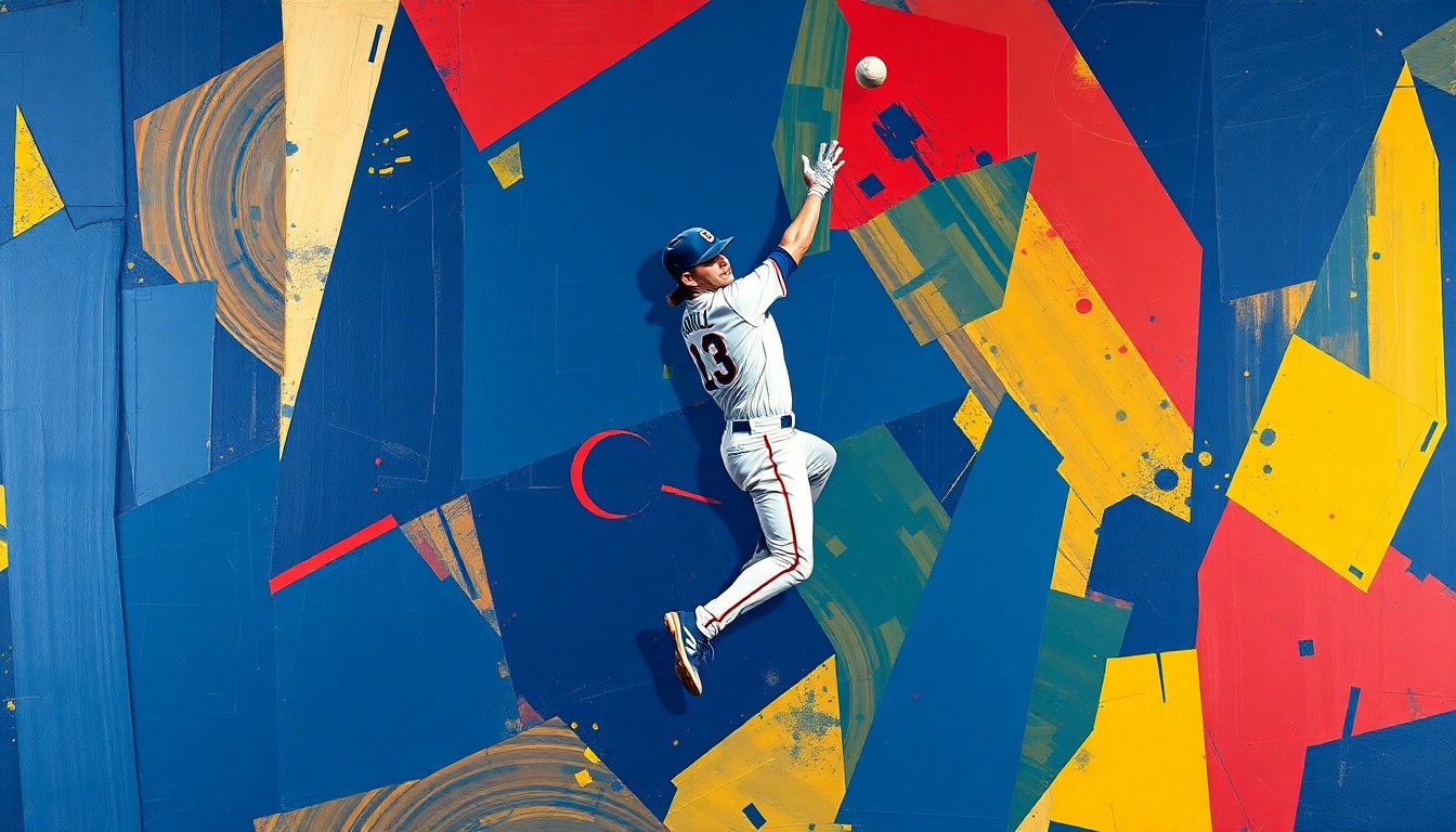 A fractured, cubist-style painting depicting the dynamic motion and energy of a baseball player making a leaping catch and delivering a game-winning hit, with sharp geometric shapes and vibrant colors.