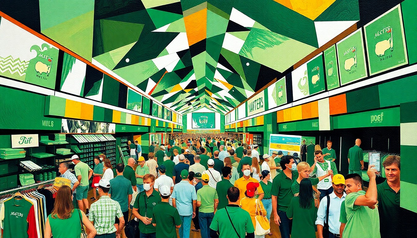A cubist, geometric painting depicting the chaotic scene of a crowded Masters merchandise pavilion, with sharp, overlapping planes of green, white, and gold evoking the tournament's iconic branding.
