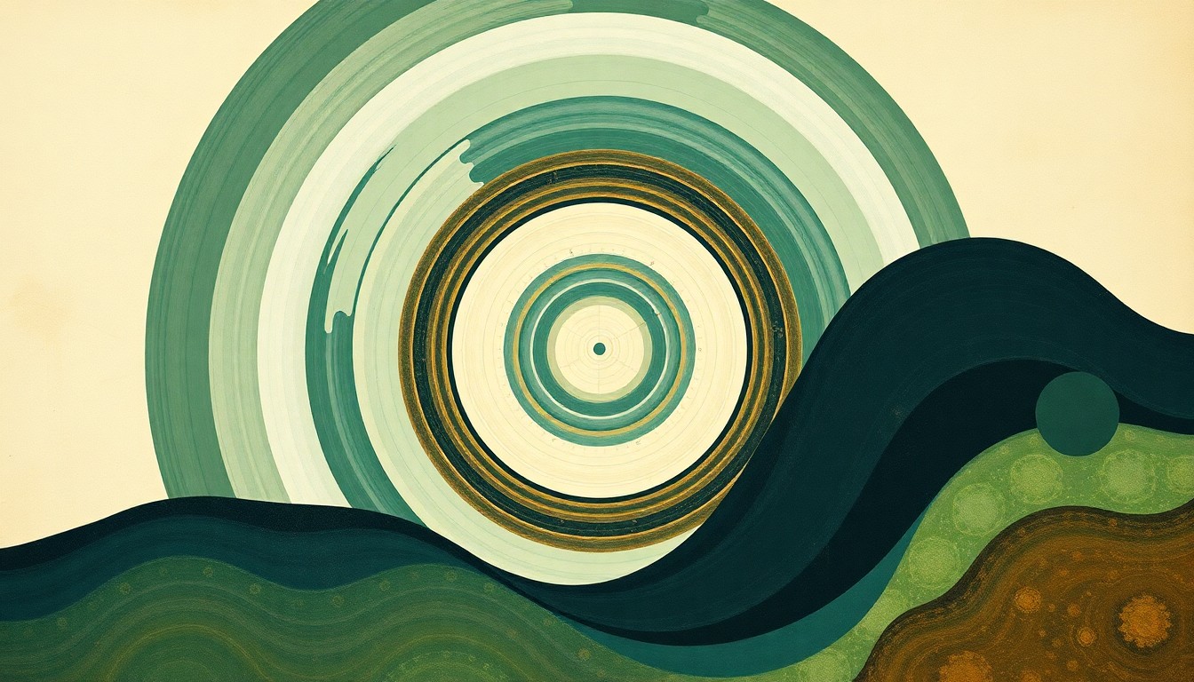 A highly textured, geometric abstract painting in muted green, blue, and ochre tones, conveying the complex forces and concepts behind California's environmental leadership through sweeping arcs, concentric circles, and precise botanical spirals.