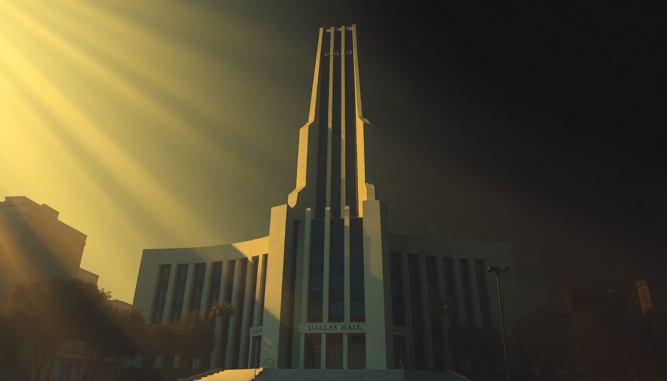 A cinematic painting of the Dallas City Hall building, its inverted-pyramid shape and brutalist facade bathed in warm, diagonal sunlight and deep shadows, capturing the building's historic significance and architectural beauty.