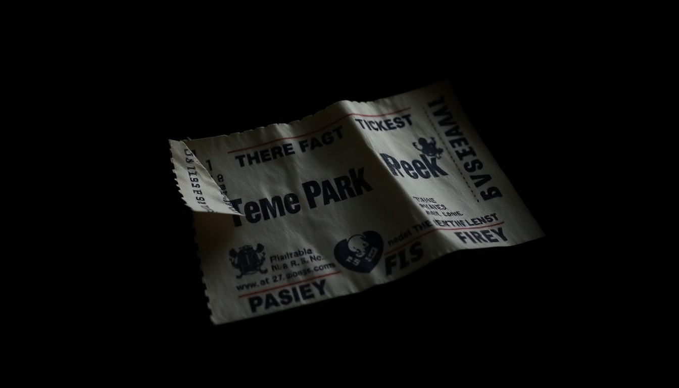 An extreme close-up photograph of a crumpled theme park ticket stub or broken souvenir item, lit by a harsh, direct camera flash against a pitch-black background, conceptually representing the aftermath of a confrontation at a crowded theme park.