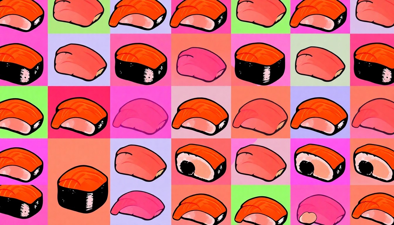 A high-contrast silkscreen print of a single sushi item repeated in a grid pattern, using bright neon colors and bold black outlines to transform the everyday into modern pop art.