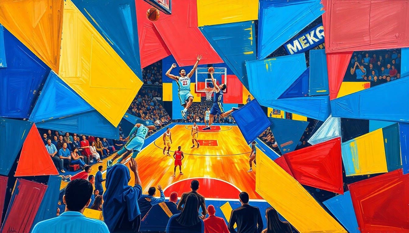 A fractured, geometric painting in vibrant blues, reds, and yellows, depicting a basketball game or match broken down into sharp, overlapping planes.