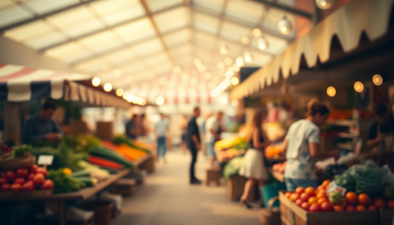 An abstract, out-of-focus photograph in warm, earthy tones depicting a blurred scene of farmers' market stalls, fresh produce, and people interacting, conveying the mood and community spirit of Central Oregon's local food system.