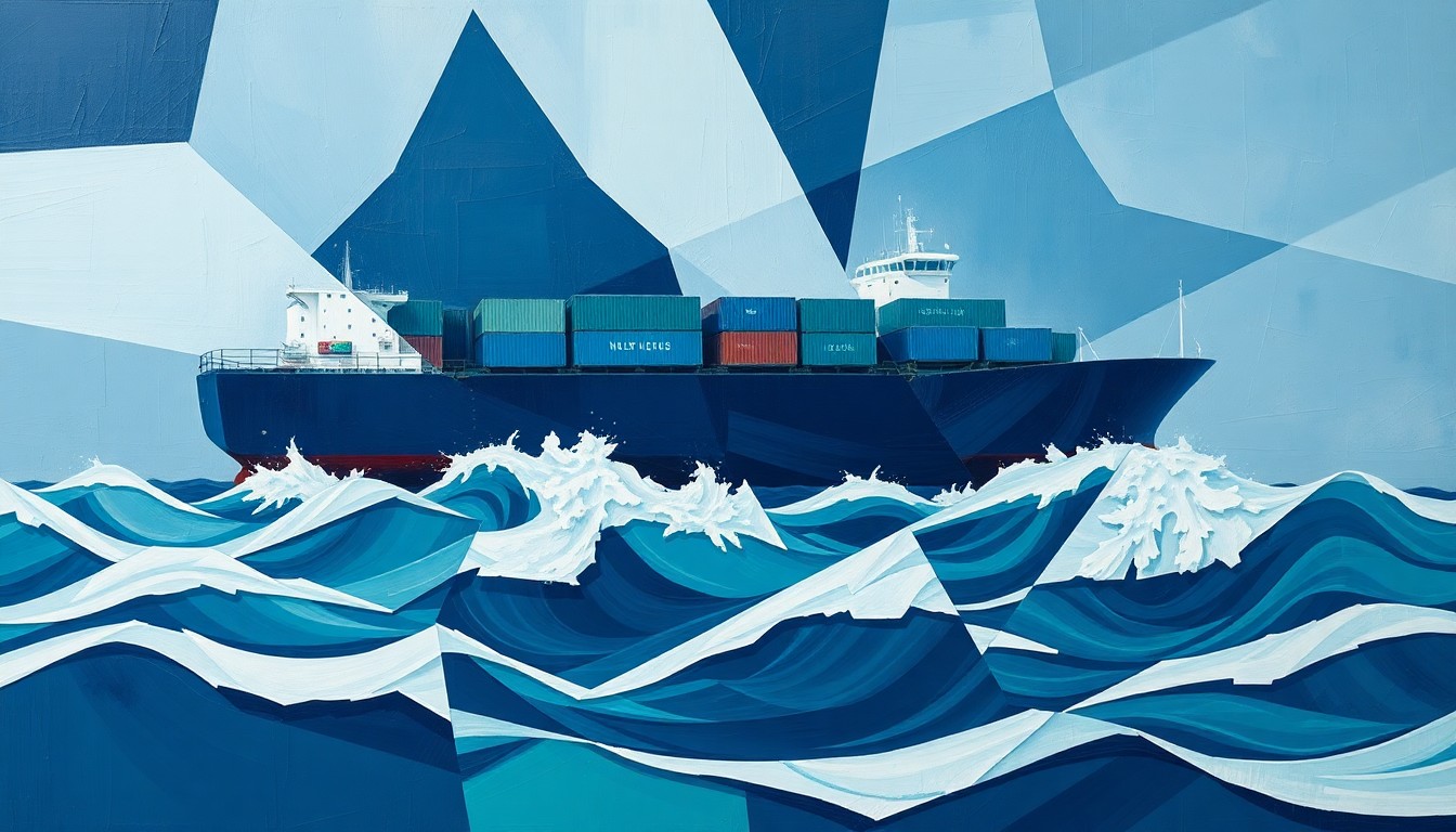 A dynamic, abstract painting of a cargo ship tossed in choppy, fractured waves of navy, teal, and white, conveying the disruption and uncertainty facing maritime trade amid the US-Iran conflict.