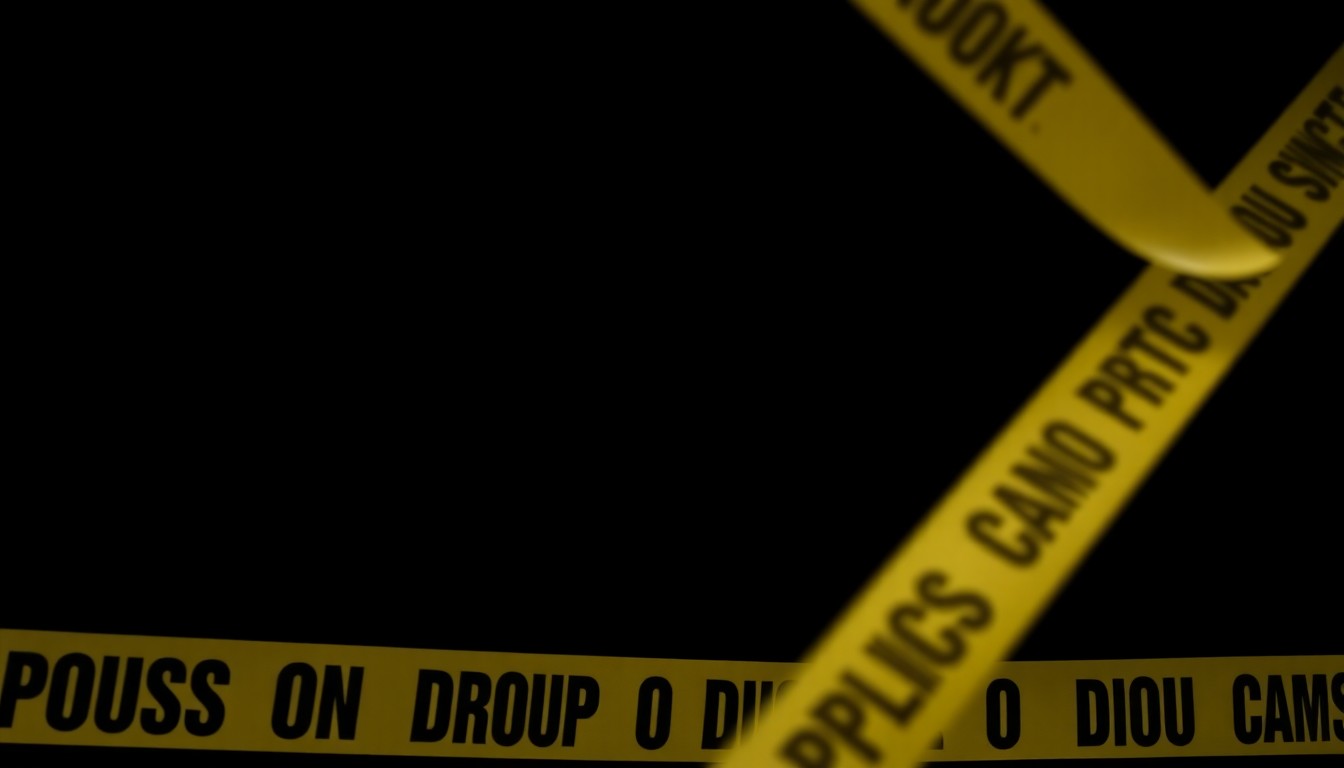 An extreme close-up photograph of yellow and black police tape against a dark background, conceptually representing the investigation into a campus security incident without depicting actual violence or victims.
