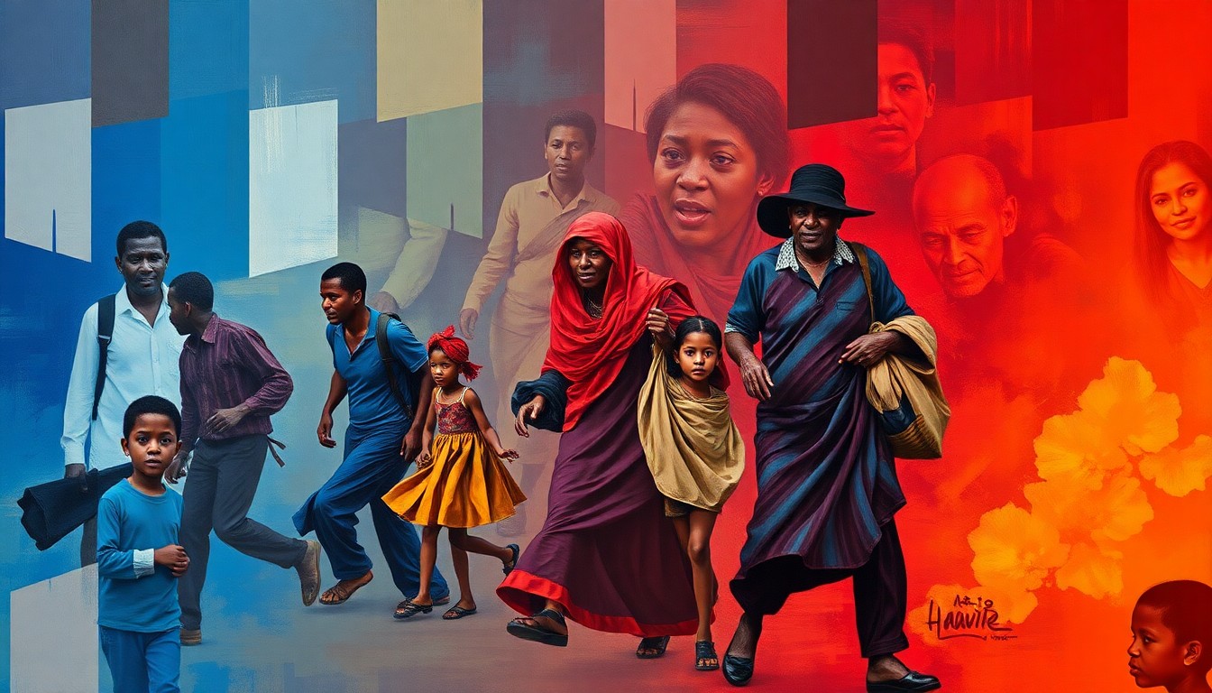 A vibrant, fragmented painting depicting the silhouettes of a Haitian immigrant family in motion, with overlapping geometric shapes and waves of bold, saturated colors representing the dynamic and divisive nature of the immigration debate.