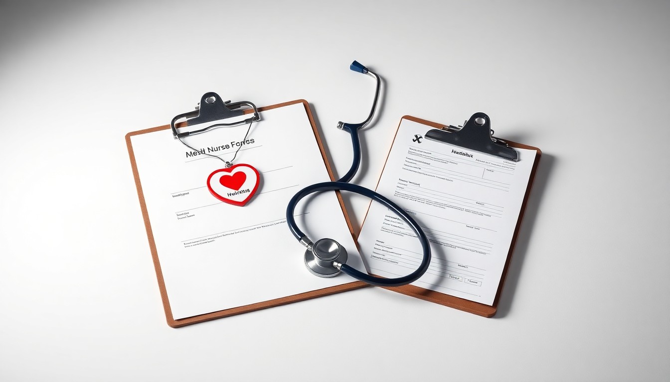 A high-end, photorealistic studio still-life photograph featuring a stethoscope, a nurse's badge, and a clipboard with medical forms arranged elegantly on a clean, monochromatic background, conceptually representing the abstract themes of healthcare, patient care, and labor organizing.