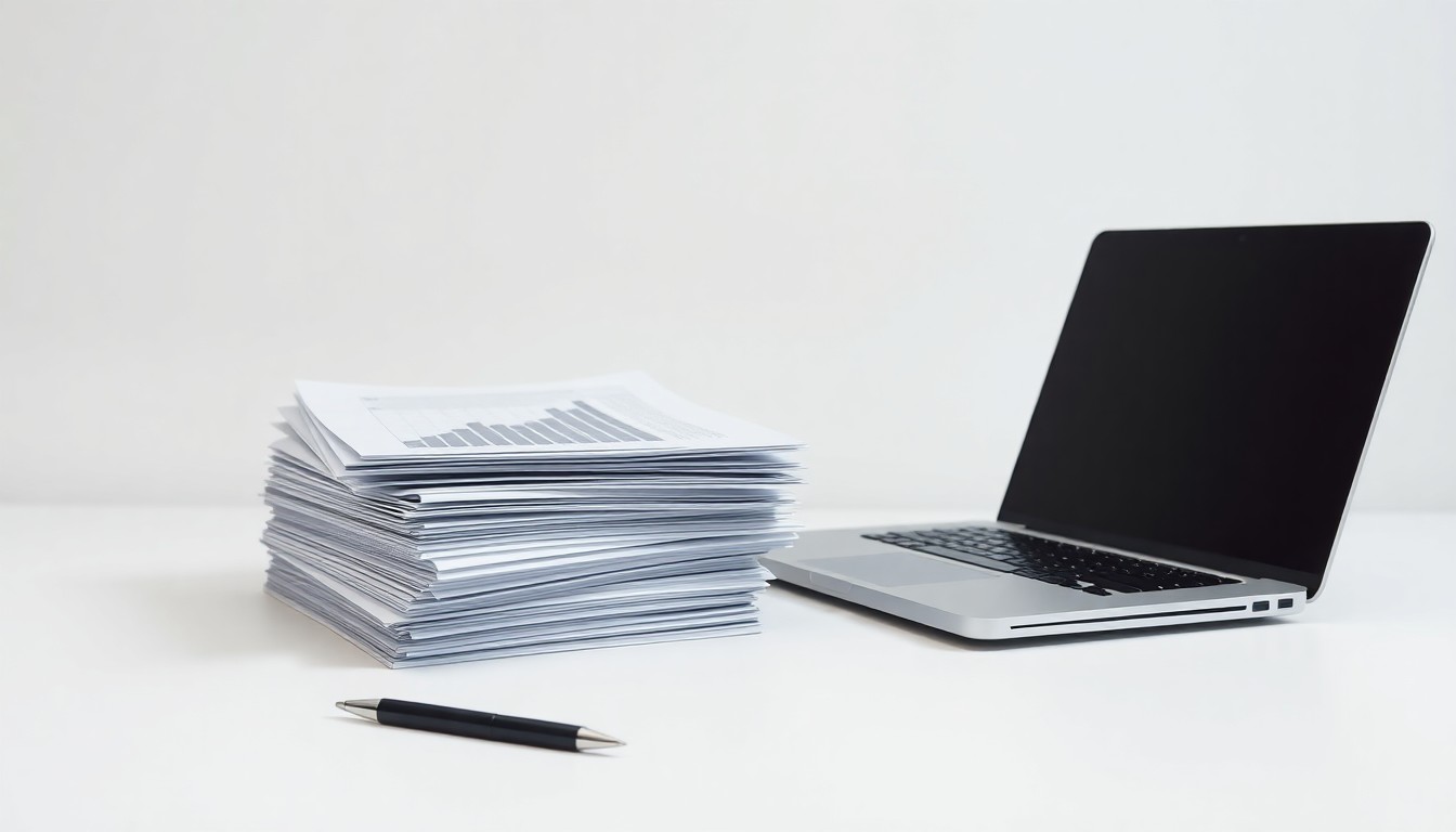 A minimalist studio still life photograph featuring a stack of business documents, a pen, and a laptop computer on a clean, monochromatic background, conceptually representing the abstract ideas of corporate strategy, finance, and back-office operations.