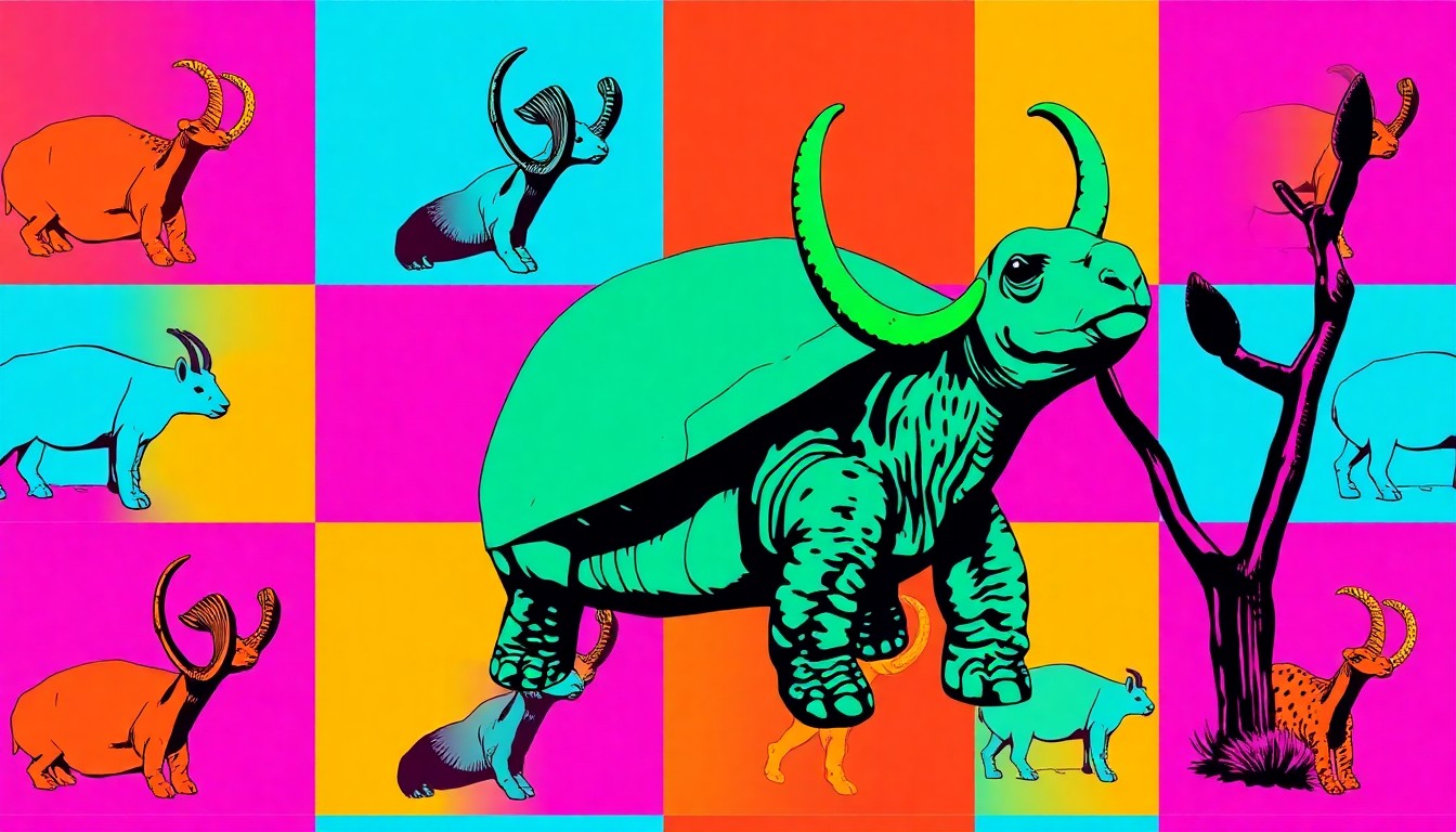 A brightly colored, high-contrast silkscreen print of a Nevada desert tortoise repeated in a tight grid pattern, conceptually representing the creative energy and artistic expression of young students.