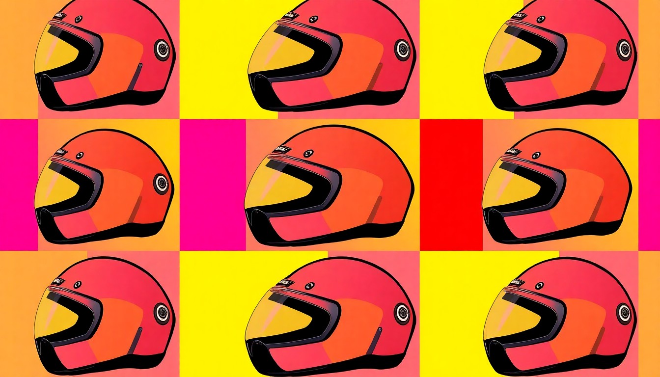 A bold, colorful silkscreen print featuring a motorcycle helmet repeated in a grid pattern, conceptually representing the energy and camaraderie of a motorcycle club event.
