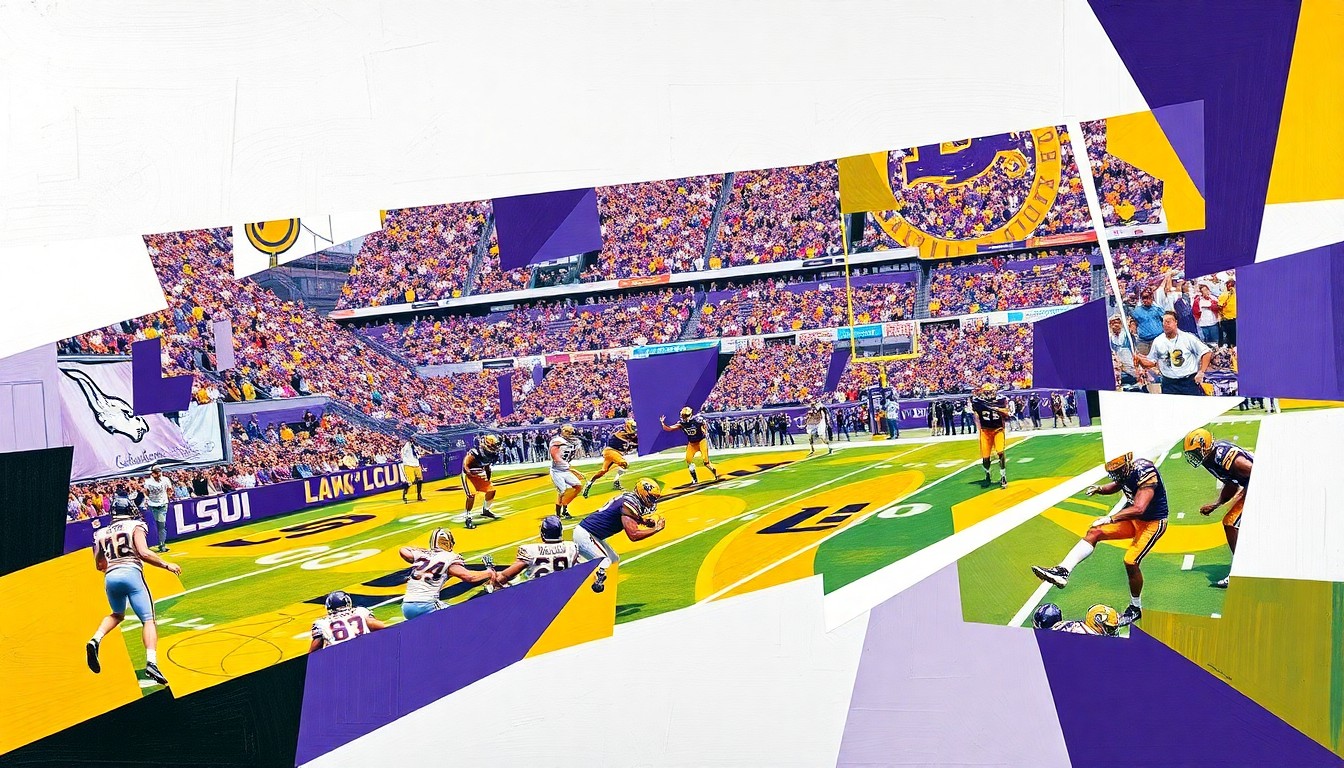 A cubist, geometric painting in LSU's team colors depicting fragmented, overlapping scenes of a college football practice, capturing the energy and movement of the players and coaches.