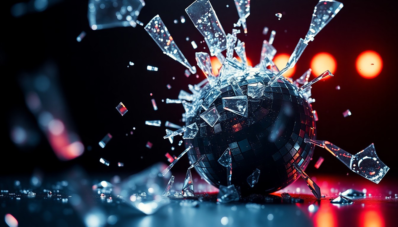 An abstract close-up image of shattered glass reflecting dramatic studio lighting, conveying the glamour and tension of the entertainment industry.