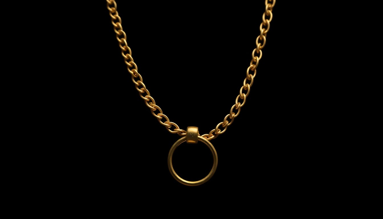 An extreme close-up photograph of a gold necklace clasp against a pitch-black background, lit by a harsh, direct camera flash to create a stark, gritty, investigative aesthetic.