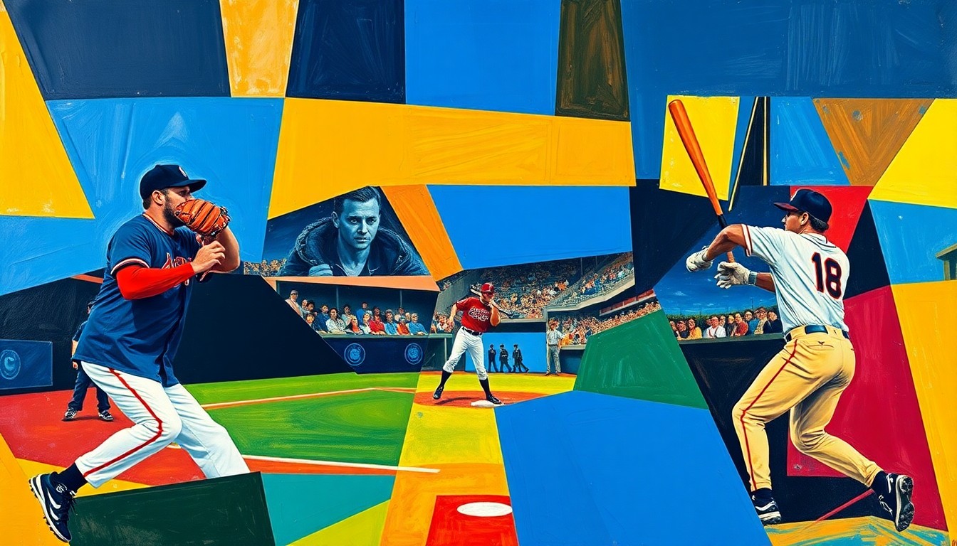 A cubist-style painting depicting a baseball game in progress, with the players' forms broken down into overlapping geometric shapes and planes of vibrant blue, red, and yellow hues.