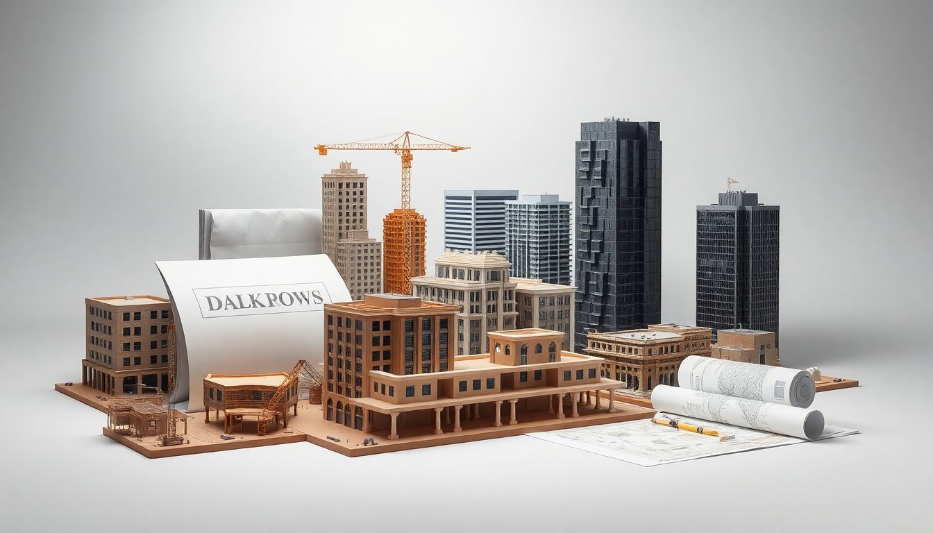 A photorealistic studio still life featuring architectural models, construction materials, and city planning documents arranged elegantly on a clean, monochromatic background, conceptually representing the abstract ideas of urban redevelopment and municipal planning.