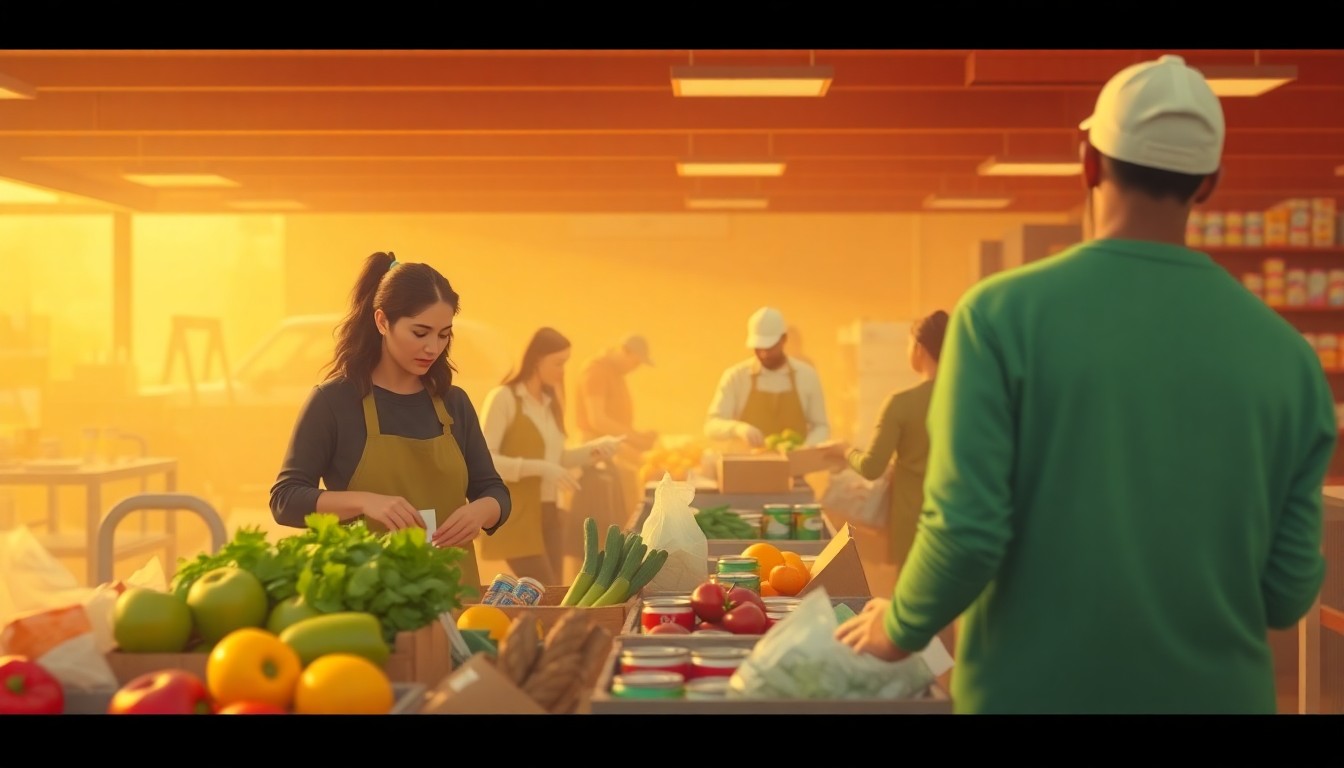 An abstract, impressionistic scene of volunteers sorting and handing out bags of food, captured in a soft, blurred style with pools of warm color and light, conveying the compassionate spirit of a local food bank initiative.