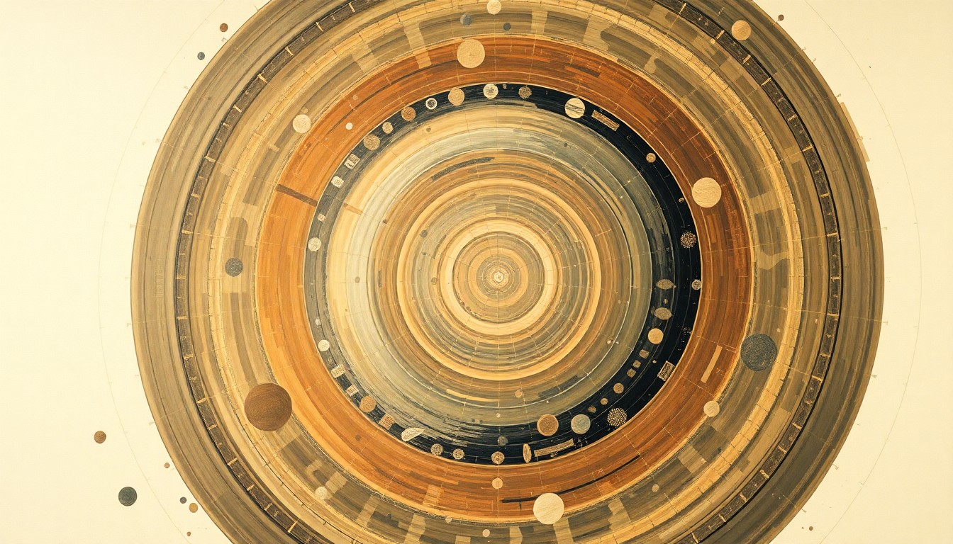 A highly structured abstract painting in soft, earthy tones featuring sweeping geometric arcs, concentric planetary circles, and precise botanical spirals, conceptually representing the complex forces and concepts of deep space exploration.