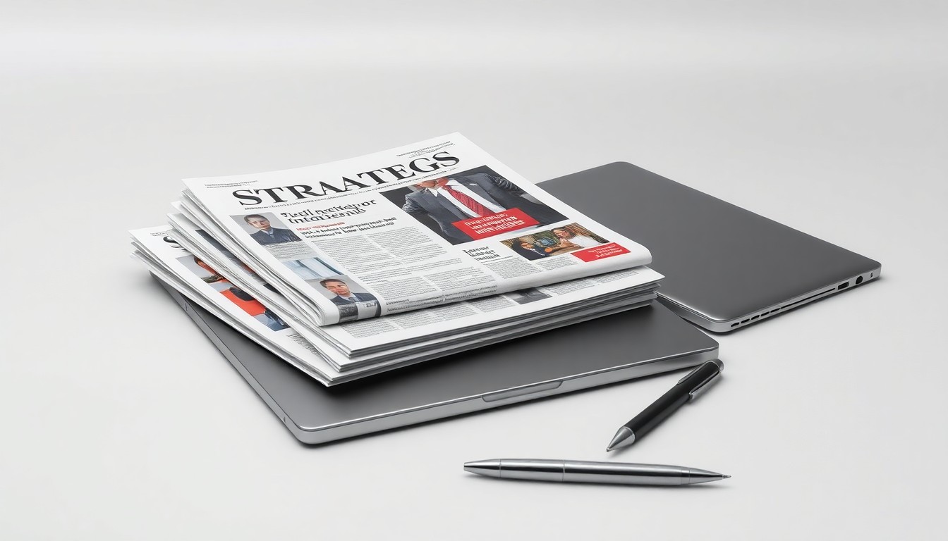 A photorealistic studio still life featuring a stack of business magazines, a sleek laptop, and a premium pen on a clean, monochromatic background, conceptually representing the abstract ideas of corporate strategy, finance, and media placement services.