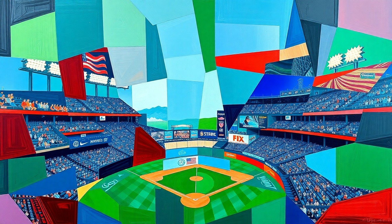 A fragmented, geometric painting in bold blues, greens, and reds depicting the dynamic action of a baseball game, conveying the excitement and community spirit of Mariners fandom.