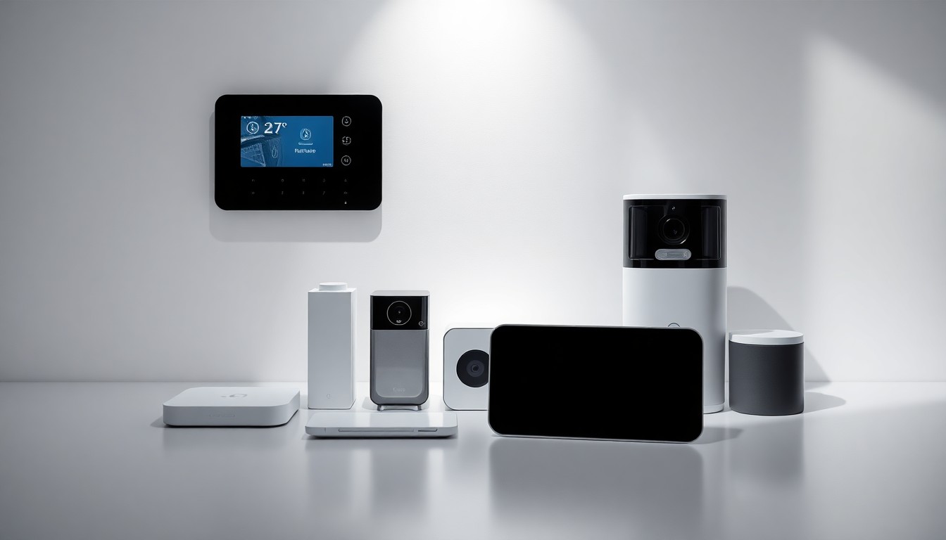 A minimalist, high-end studio photograph featuring a sleek home security control panel and smart home devices arranged elegantly on a clean, monochromatic background, conveying the abstract concepts of home security and consumer technology trends.