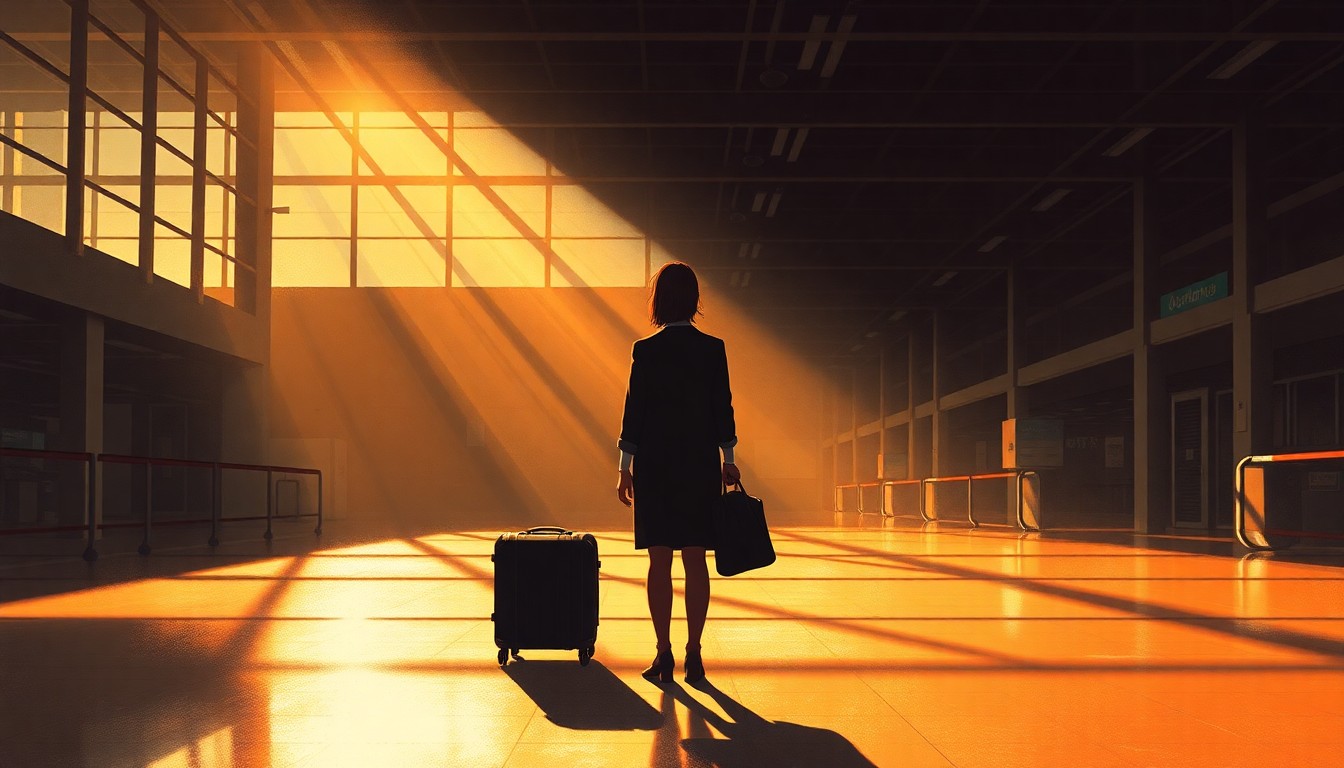 A solitary figure of a woman standing alone in an airport terminal, the warm light casting deep shadows and creating a sense of isolation and unease.
