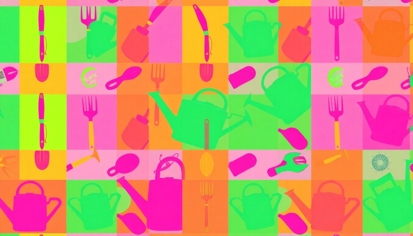 A brightly colored, high-contrast silkscreen print of a gardening tool repeated in a tight grid pattern, conceptually representing the hands-on, community-driven nature of the water-wise gardening event.