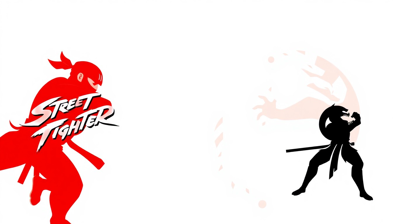 A striking, minimalist illustration featuring bold, geometric silhouettes in red and black, conceptually representing the intense action and competitive spirit of the 'Street Fighter' and 'Mortal Kombat' video game movies.
